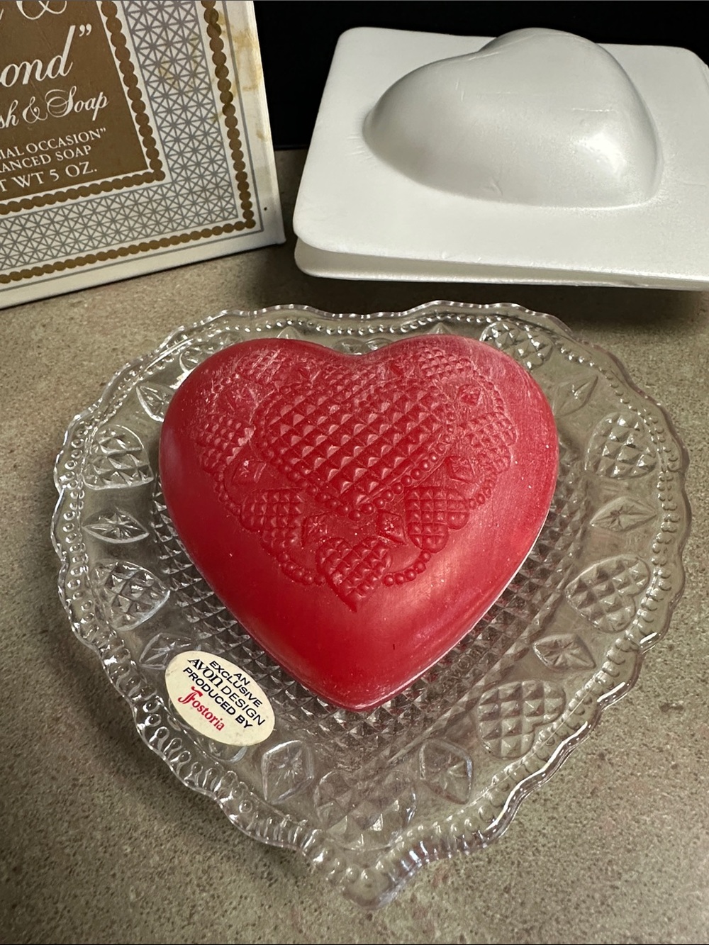 Vintage 1977 Avon "Heart & Diamond" Hostess Soap and Fostoria Soap Dish set.